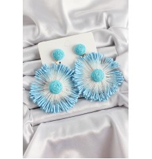 Mavi Püsküllü Papatya Figürlü Hasır Örgü Model Gold Renk Kadın Küpe - TJ-BKP10731