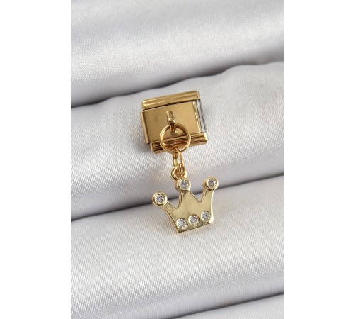316L Çelik Sallantılı Zirkon Taşlı Kraliçe Tacı Model Gold Renk Nomination Charm - TJ-BC1397