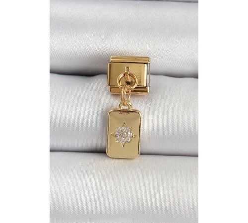 316L Çelik Sallantılı Zirkon Taşlı Kutup Yıldızı Figürlü Dikdörtgen Model Gold Renk Nomination Charm - TJ-BC1406