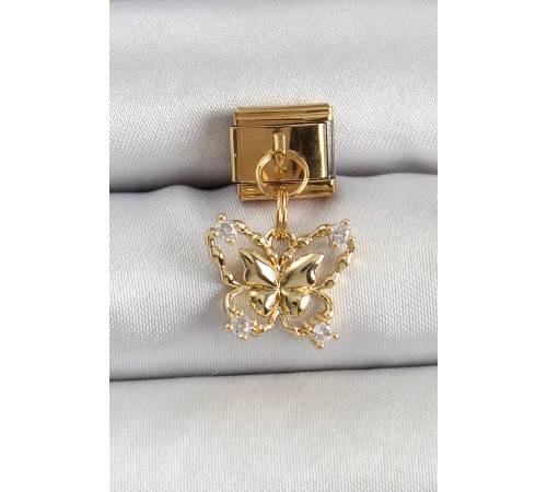 316L Çelik Sallantılı Zirkon Taşlı Model Gold Renk Nomination Charm - TJ-BC1408