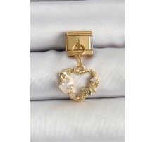 316L Çelik Sallantılı Zirkon Taşlı Kalp Model Gold Renk Nomination Charm - TJ-BC1409