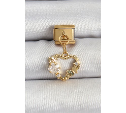 316L Çelik Sallantılı Zirkon Taşlı Kalp Model Gold Renk Nomination Charm - TJ-BC1409