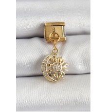 316L Çelik Sallantılı Zirkon Taşlı Ay Ve Güneş Model Gold Renk Nomination Charm - TJ-BC1411