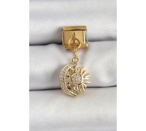 316L Çelik Sallantılı Zirkon Taşlı Ay Ve Güneş Model Gold Renk Nomination Charm - TJ-BC1411