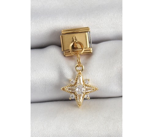 316L Çelik Sallantılı Zirkon Taşlı Kutup Yıldızı Model Gold Renk Nomination Charm - TJ-BC1420
