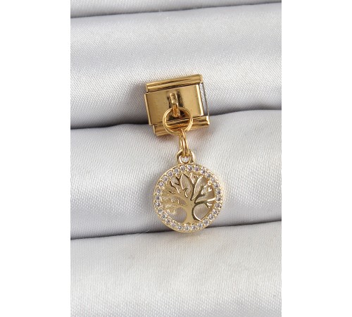 316L Çelik Sallantılı Zirkon Taşlı Hayat Ağacı Model Gold Renk Nomination Charm - TJ-BC1422