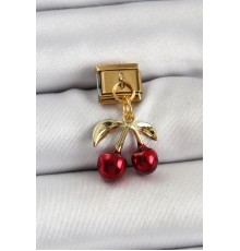 316L Çelik Sallantılı Kırmızı Kiraz Model Gold Renk Nomination Charm - TJ-BC1428