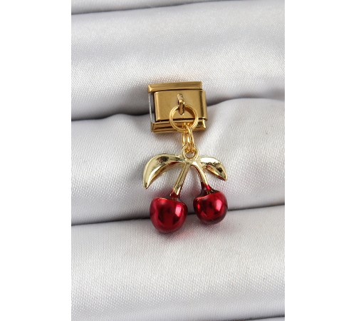 316L Çelik Sallantılı Kırmızı Kiraz Model Gold Renk Nomination Charm - TJ-BC1428