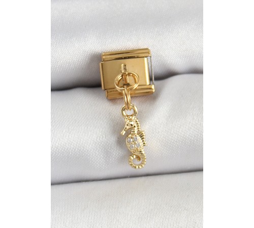 316L Çelik Sallantılı Zirkon Taşlı Çiçek Model Gold Renk Nomination Charm - TJ-BC1430