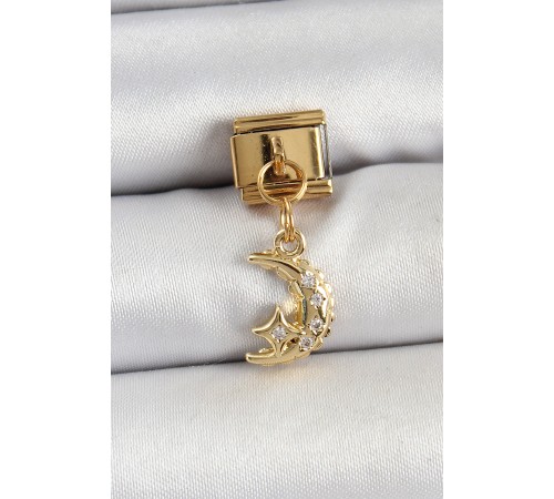 316L Çelik Sallantılı Zirkon Taşlı Ay Model Gold Renk Nomination Charm - TJ-BC1431