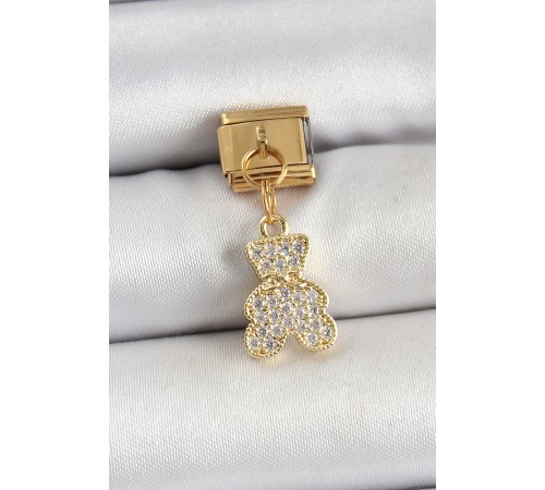 316L Çelik Sallantılı Zirkon Taşlı Ayıcık Model Gold Renk Nomination Charm - TJ-BC1432