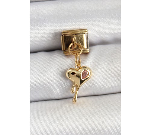 316L Çelik Sallantılı Zirkon Taşlı Eriyen Kalp Model Gold Renk Nomination Charm - TJ-BC1433