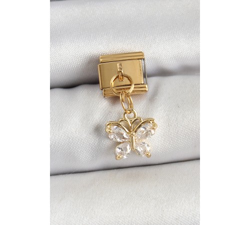 316L Çelik Sallantılı Zirkon Taşlı Model Gold Renk Nomination Charm - TJ-BC1434