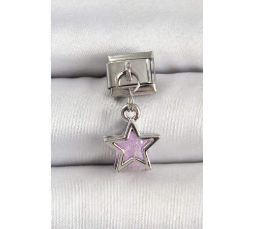316L Çelik Gümüş Renk Pembe Taşlı Yıldız Model Nomination Charm - TJ-BC1503