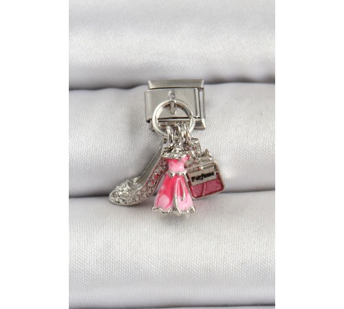 316L Çelik Gümüş Renk Pembe Elbise Kombini Model Nomination Charm - TJ-BC1502