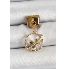 316L Çelik Sallantılı Zirkon Taşlı Satürn Model Gold Renk Nomination Charm - TJ-BC1418