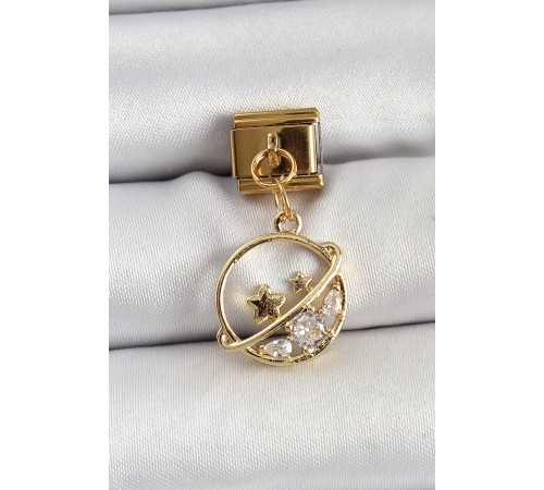 316L Çelik Sallantılı Zirkon Taşlı Satürn Model Gold Renk Nomination Charm - TJ-BC1418