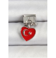 316L Çelik Gümüş Renk Kalp Türk Bayrağı Model Nomination Charm - TJ-BC1498
