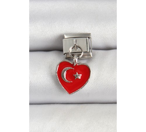 316L Çelik Gümüş Renk Kalp Türk Bayrağı Model Nomination Charm - TJ-BC1498