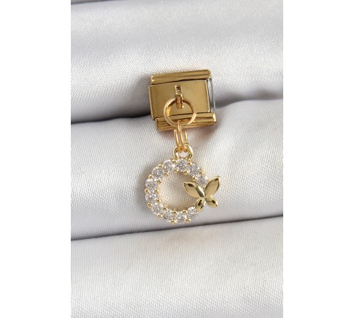 316L Çelik Sallantılı Zirkon Taşlı Detaylı Halka Model Gold Renk Nomination Charm - TJ-BC1440