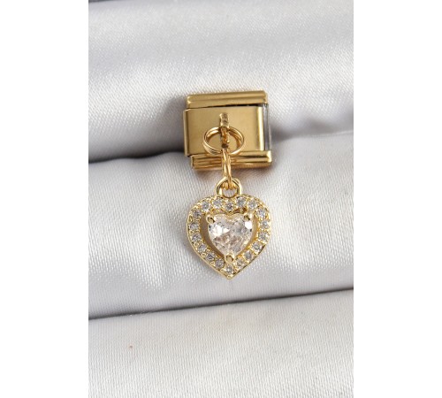 316L Çelik Sallantılı Zirkon Taşlı Kalp Model Gold Renk Nomination Charm - TJ-BC1442