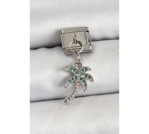 316L Çelik Sallantılı Zirkon Taşlı Palmiye Ağacı Model Gümüş Renk Nomination Charm - TJ-BC1445