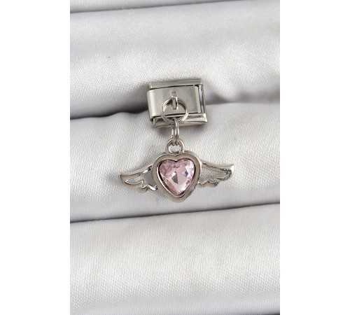 316L Çelik Gümüş Renk Pembe Kanatlı Kalp Model Nomination Charm - TJ-BC1489