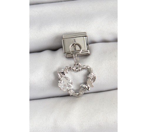 316L Çelik Sallantılı Zirkon Taşlı Kalp Model Gümüş Renk Nomination Charm - TJ-BC1455