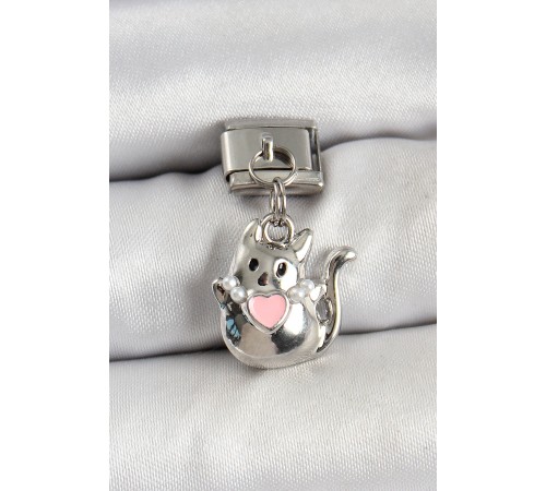 316L Çelik Sallantılı Kalp Detaylı Kedi Model Gümüş Renk Nomination Charm - TJ-BC1460