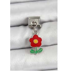 316L Çelik Sallantılı Kırmızı Papatya Model Gümüş Renk Nomination Charm - TJ-BC1466