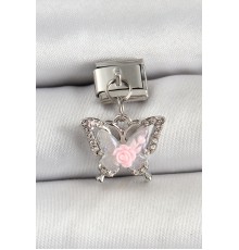 316L Çelik Sallantılı Gül Detaylı Zirkon Taşlı Model Gümüş Renk Nomination Charm - TJ-BC1474