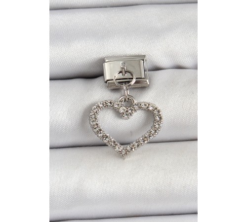 316L Çelik Sallantılı Zirkon Taşlı Kalp Model Gümüş Renk Nomination Charm - TJ-BC1483