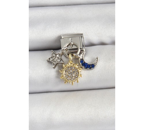 316L Çelik Sallantılı Zirkon Taşlı Güneş Ay Ve Yıldız Çoklu Model Gümüş Renk Nomination Charm - TJ-BC1484