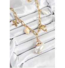 316L Çelik Gold Renk Deniz Kabuğu ve Yıldızı Konseptli Kadın Kolye - TJ-BKO10292