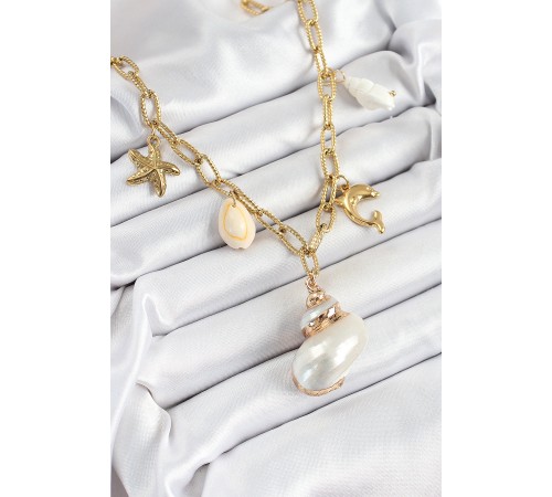 316L Çelik Gold Renk Deniz Kabuğu ve Yıldızı Konseptli Kadın Kolye - TJ-BKO10292