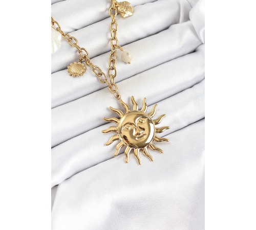 316L Çelik Gold Renk Güneş ve Deniz Kabukları Konsept Kadın Kolye - TJ-BKO10293