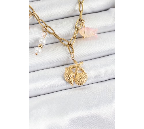 316L Çelik Gold Renk Deniz Yıldızı ve Deniz Kabuğu Konsept Kadın Kolye - TJ-BKO10294