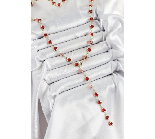 Pirinç Gold Renk Kırmızı Zirkon Taşlı Kalpli Y Kadın Kolye - TJ-BKO10297