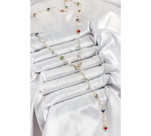 Pirinç Gold Renk İncili Zirkon Taşlı Kalpli Y Kadın Kolye - TJ-BKO10299