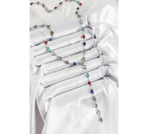 Pirinç Gümüş Renk Karışık Renk Zirkon Taşlı Kalpli Y Kadın Kolye - TJ-BKO10302