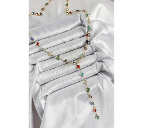 Pirinç Gold Renk Karışık Renk Zirkon Taşlı Kalpli Y Kadın Kolye - TJ-BKO10303