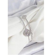 Pirinç Gümüş Renk Zirkon Taşlı Yonca Model 2'li Kadın Bileklik - TJ-BB7063