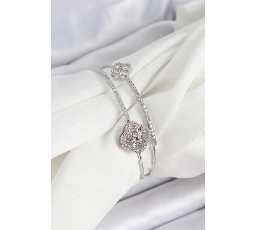 Pirinç Gümüş Renk Zirkon Taşlı Yonca Model 2'li Kadın Bileklik - TJ-BB7063