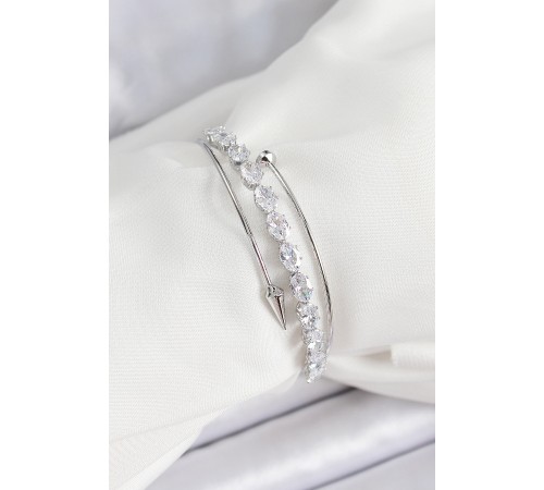 Pirinç Gümüş Renk Arpa Zirkon Taşlı Kadın Bileklik - TJ-BB7064