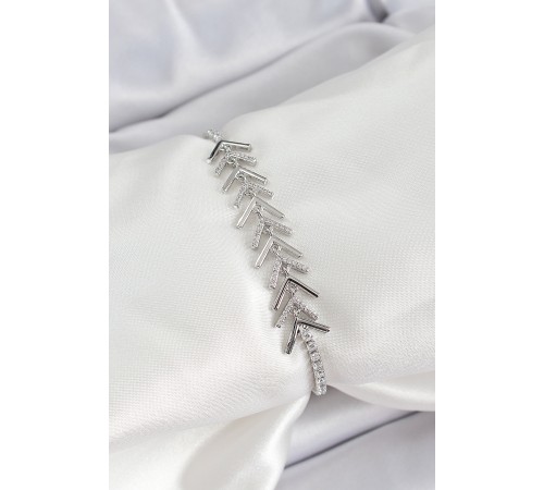 Pirinç Gümüş Renk Zirkon Taşlı Balık Sırtı Kadın Bileklik - TJ-BB7069