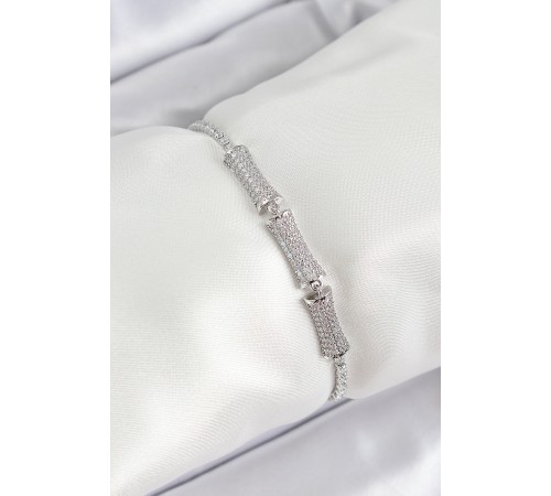 Pirinç Gümüş Renk Zirkon Taşlı Kemik Model Kadın Bileklik - TJ-BB7071