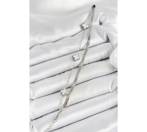 316L Çelik Gümüş Renk Beyaz Yoncalı 2'li Kadın Bileklik - TJ-BB7078