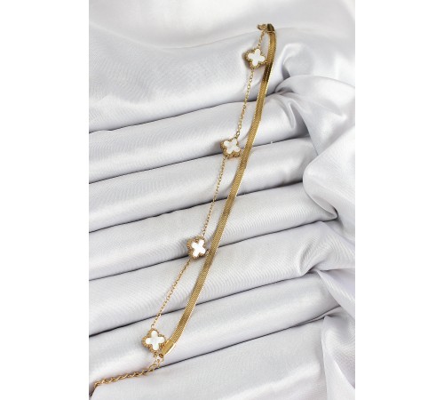 316L Çelik Gold Renk Beyaz Yoncalı 2'li Kadın Bileklik - TJ-BB7079