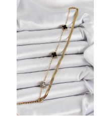 316L Çelik Gold Renk Siyah Yoncalı İtalyan Zincirli 2'li Kadın Bileklik - TJ-BB7080