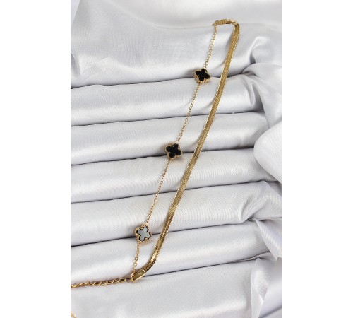 316L Çelik Gold Renk Siyah Yoncalı İtalyan Zincirli 2'li Kadın Bileklik - TJ-BB7080